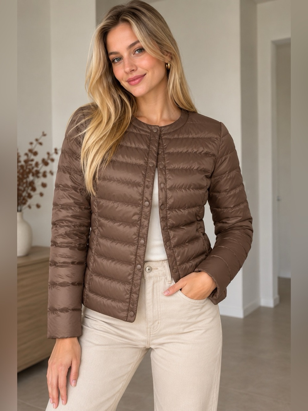 UNIQLO Women’s Ultra Light Down Collarless Jacket Taupe Brown XS